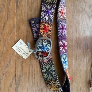 NWT Jenny Krauss Hand made 100% wool belt Peru, blue colorful snowflakes-M